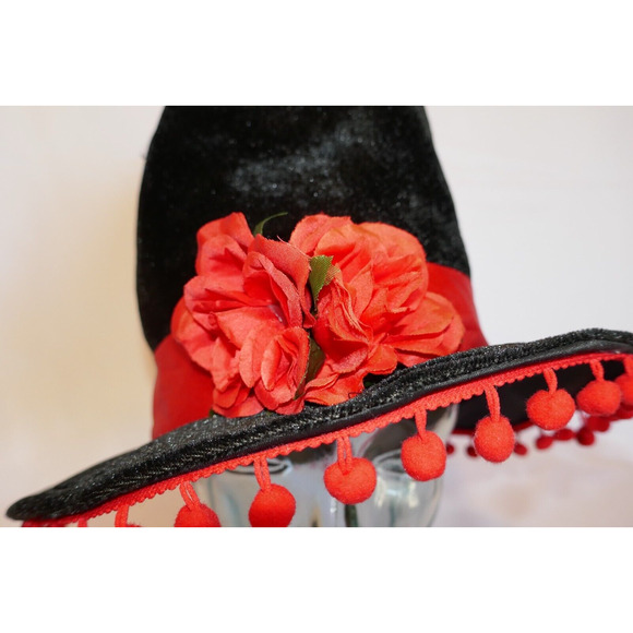 Day of The Dead Black Costume Hat with Red Flowers and Ribbon - Picture 7 of 10